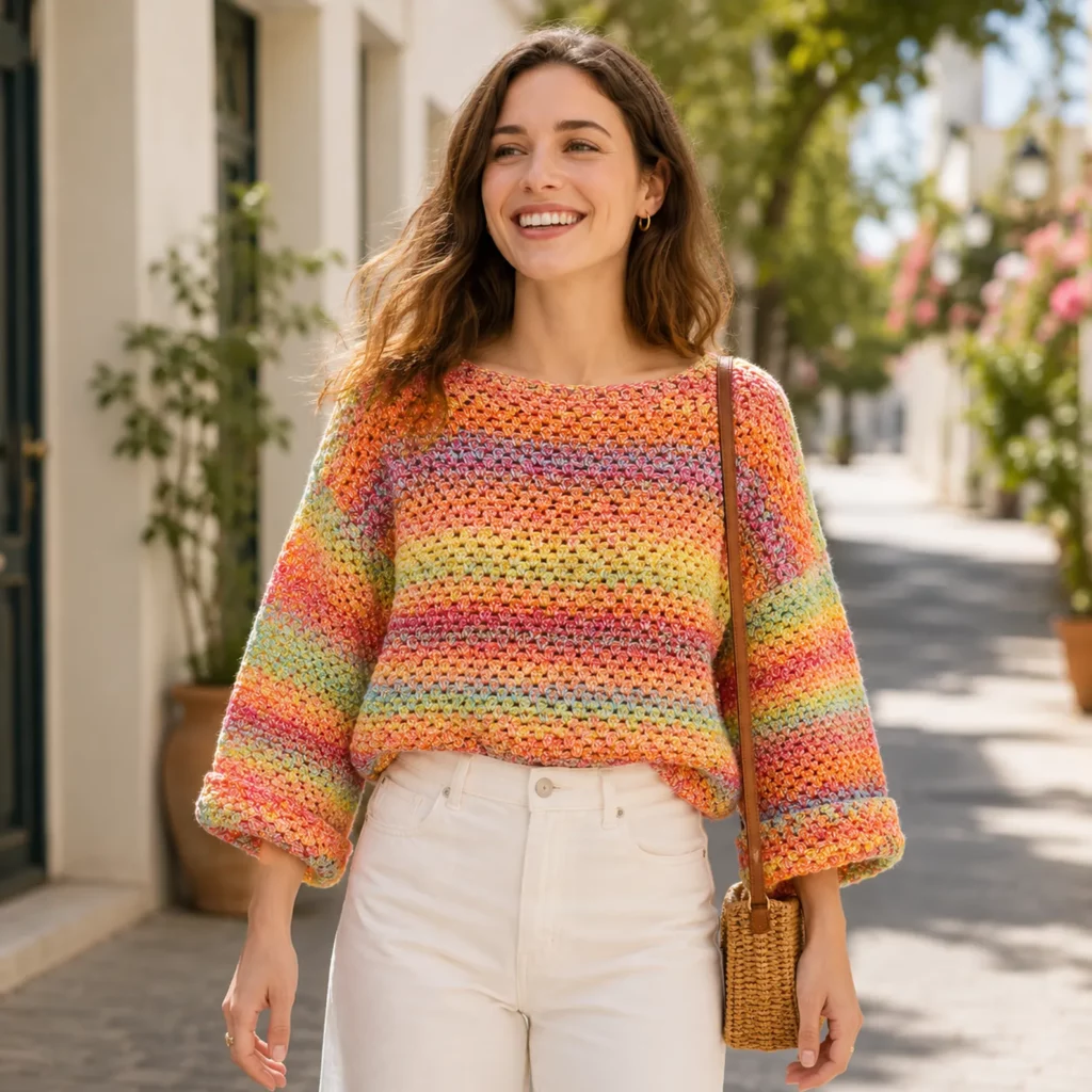 Colorful Crochet Pattern for a Cozy Women’s Striped Pullover Sweater (photo 1)