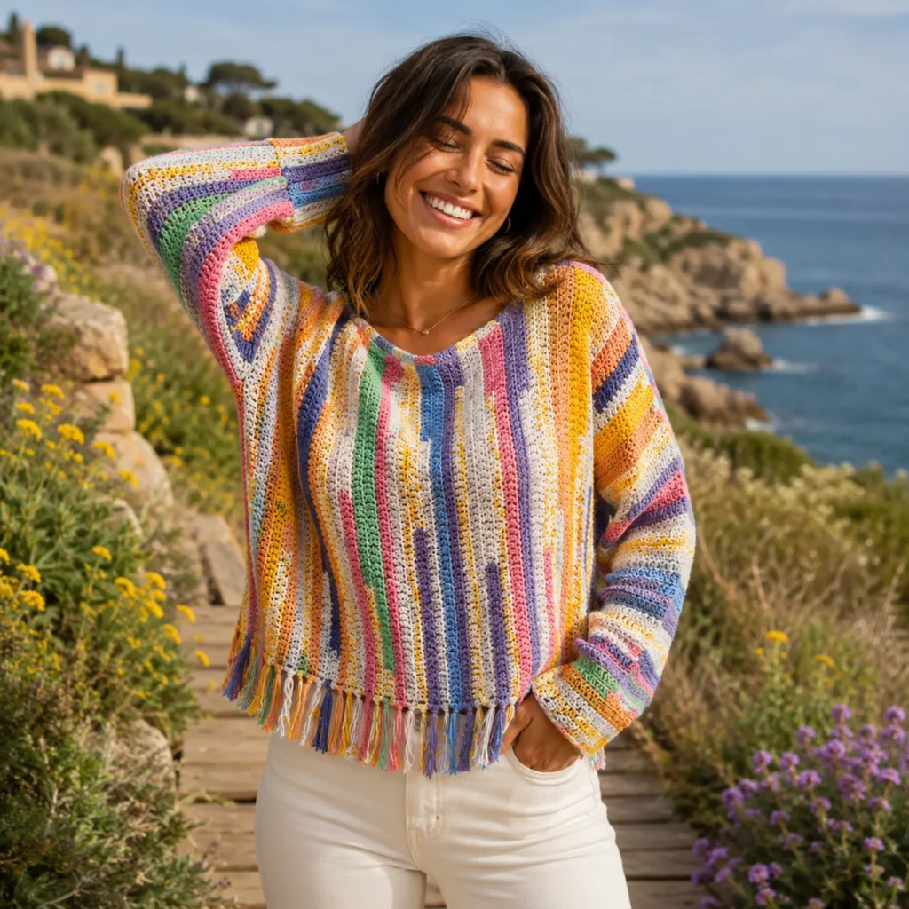 Colorful Fringe Crochet Pattern for a Women’s Bohemian Sweater (photo 1)