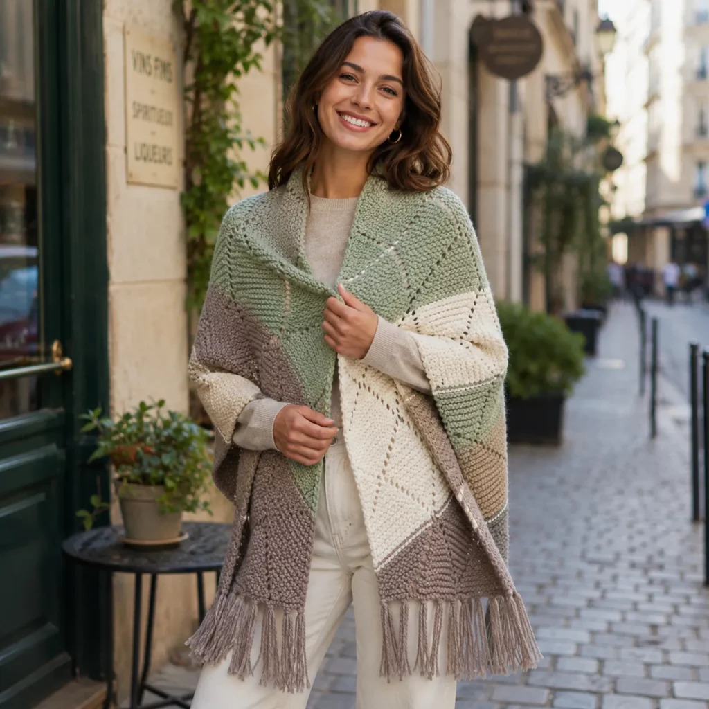 Cozy Patchwork Crochet Pattern for a Boho Fringe Ruana Wrap (photo 1)