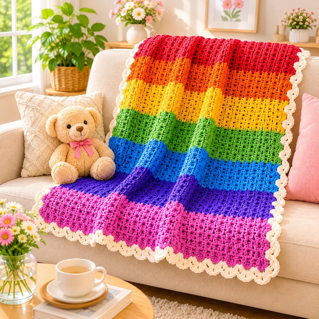 Cuddle Throw Crochet Pattern: A Cozy Rainbow Stripe Blanket With Soft Texture and Scalloped Border (photo 1)