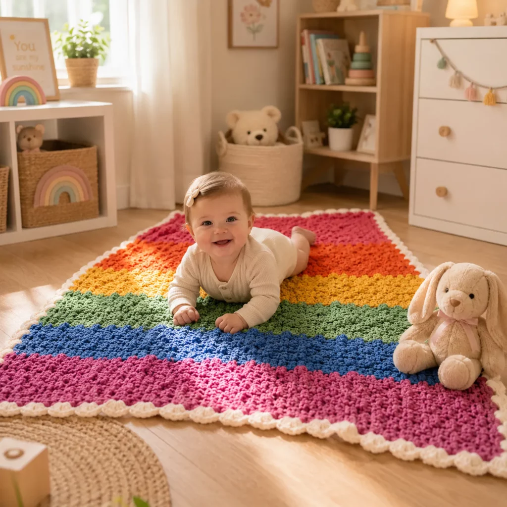 Cuddle Throw Crochet Pattern: A Cozy Rainbow Stripe Blanket With Soft Texture and Scalloped Border (photo 2)