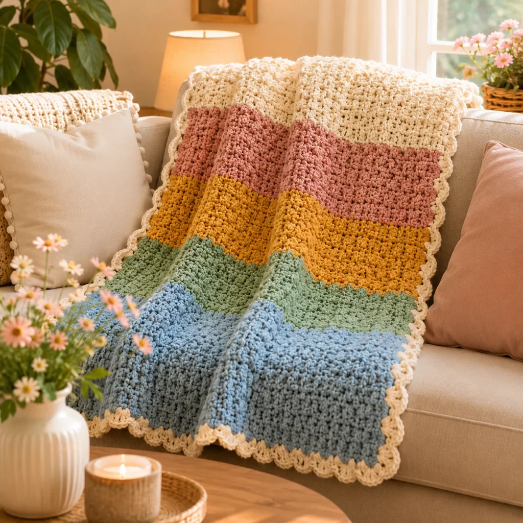 Cuddle Throw Crochet Pattern: A Cozy Rainbow Stripe Blanket With Soft Texture and Scalloped Border (photo 3)