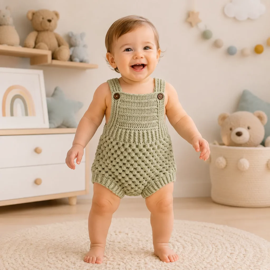 Cute Baby Crochet Pattern for a Textured Bubble Stitch Romper (photo 1)