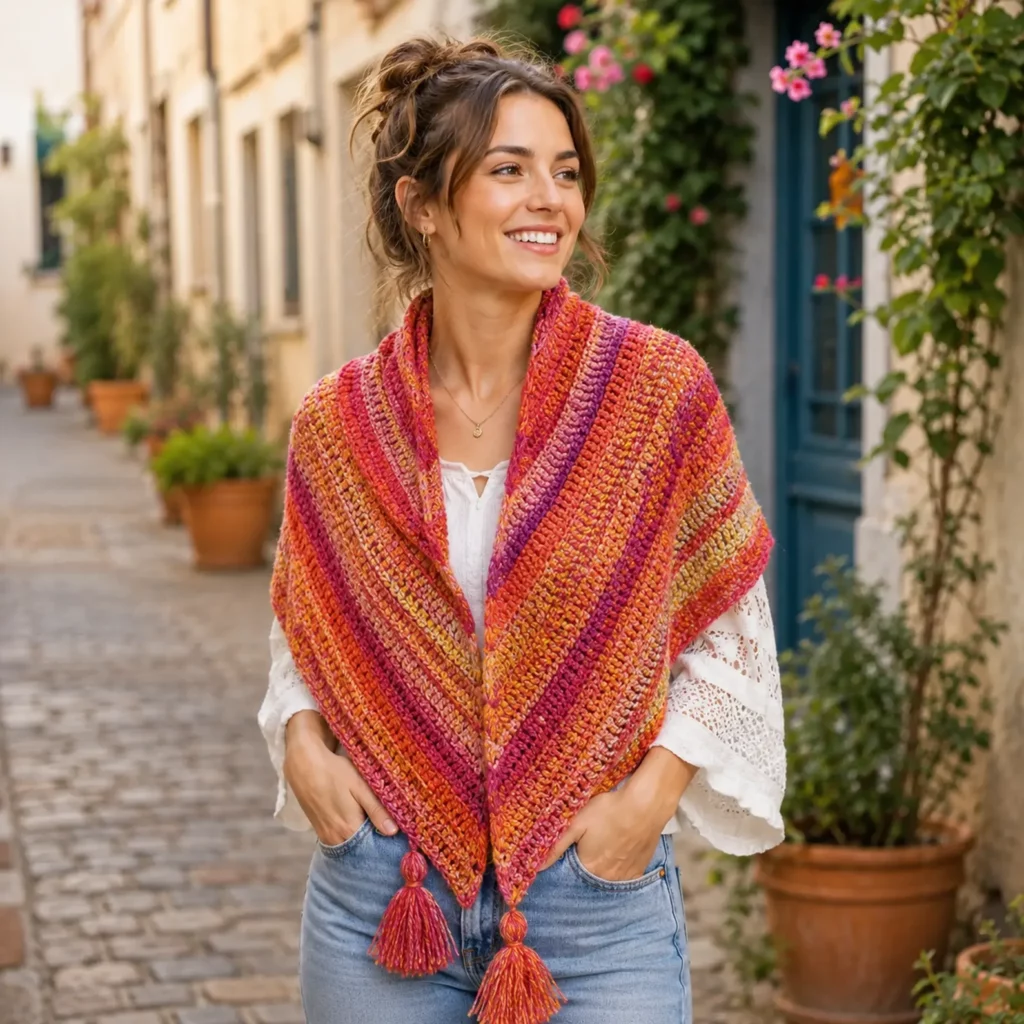 Easy Crochet Scarves Pattern Collection: Colorful Triangle Scarf with Tassels for Beginners (photo 3)