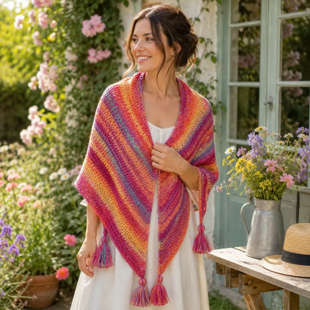 Easy Crochet Scarves Pattern Collection: Colorful Triangle Scarf with Tassels for Beginners (photo 1)