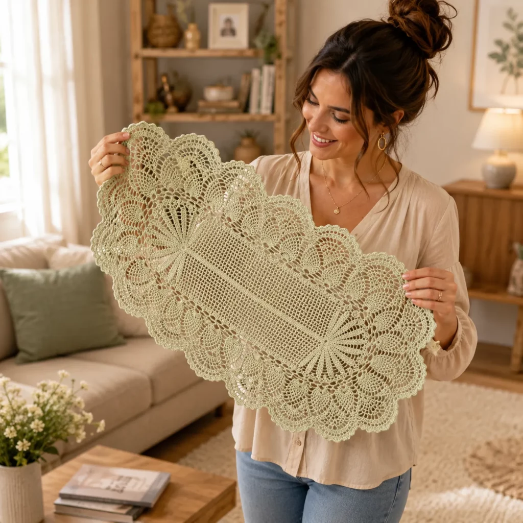Elegant Lace Table Runner Crochet Pattern: Heirloom Filet Center With Pineapple Fans and Scalloped Edging (photo 3)