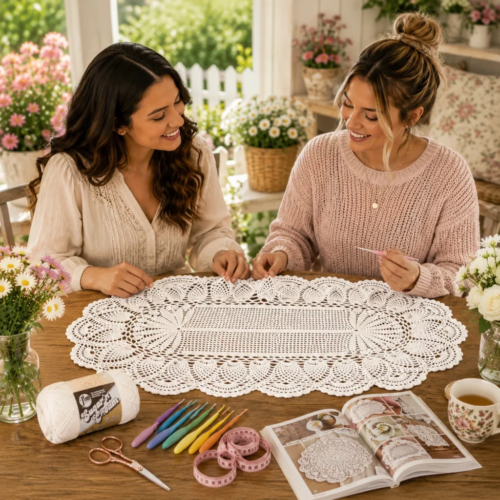 Elegant Lace Table Runner Crochet Pattern: Heirloom Filet Center With Pineapple Fans and Scalloped Edging (photo 2)