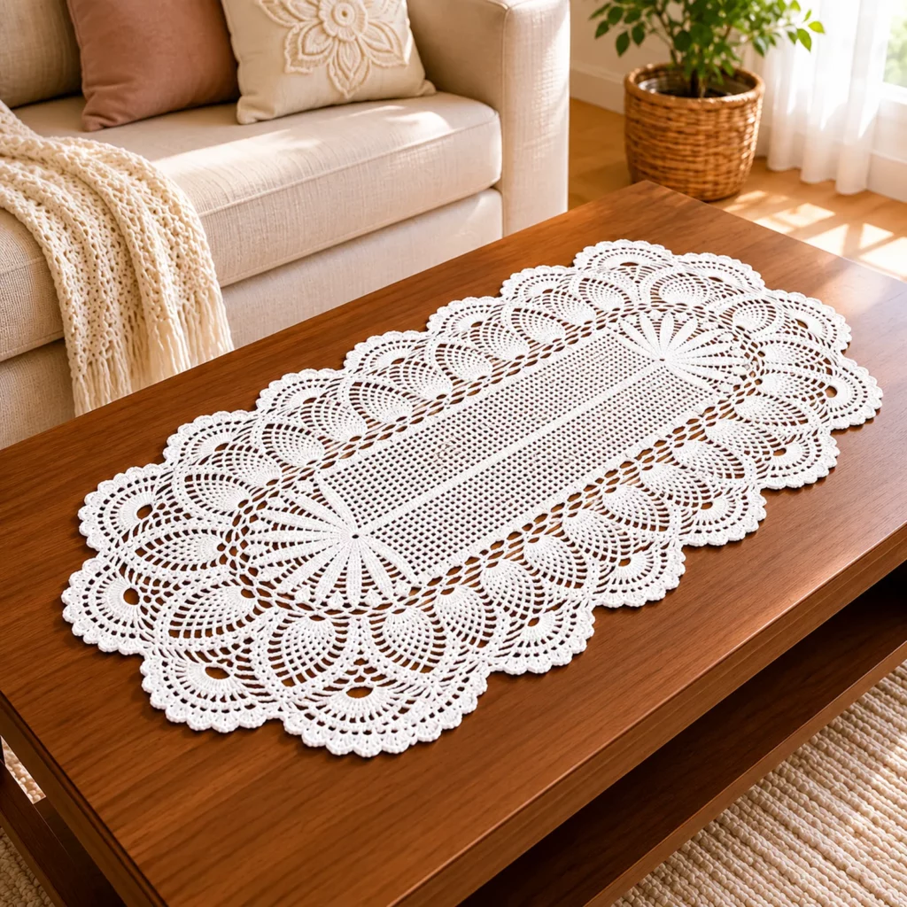 Elegant Lace Table Runner Crochet Pattern: Heirloom Filet Center With Pineapple Fans and Scalloped Edging (photo 1)