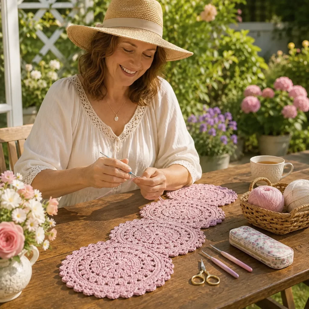Elegant Round Medallion Table Runner Crochet Pattern: Connected Doily Circles With Scalloped Edge (photo 2)