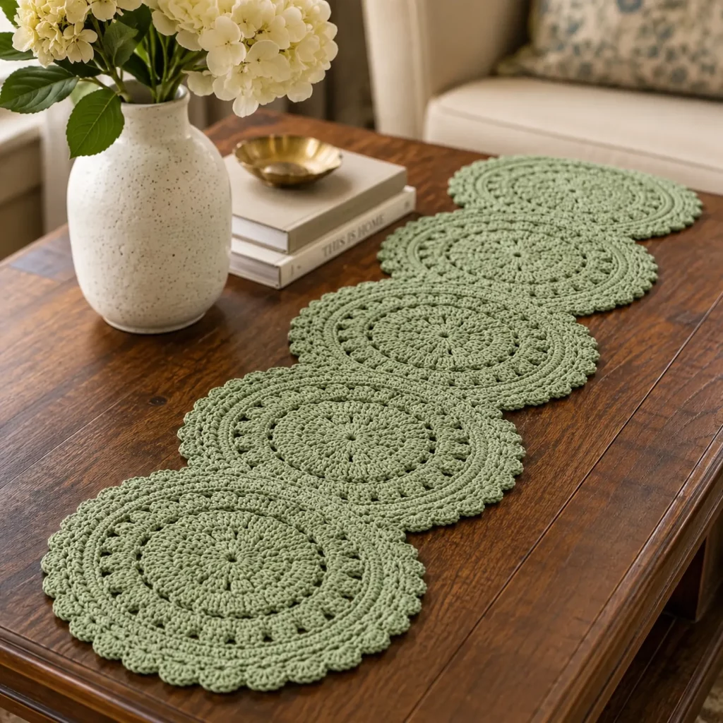 Elegant Round Medallion Table Runner Crochet Pattern: Connected Doily Circles With Scalloped Edge (photo 3)