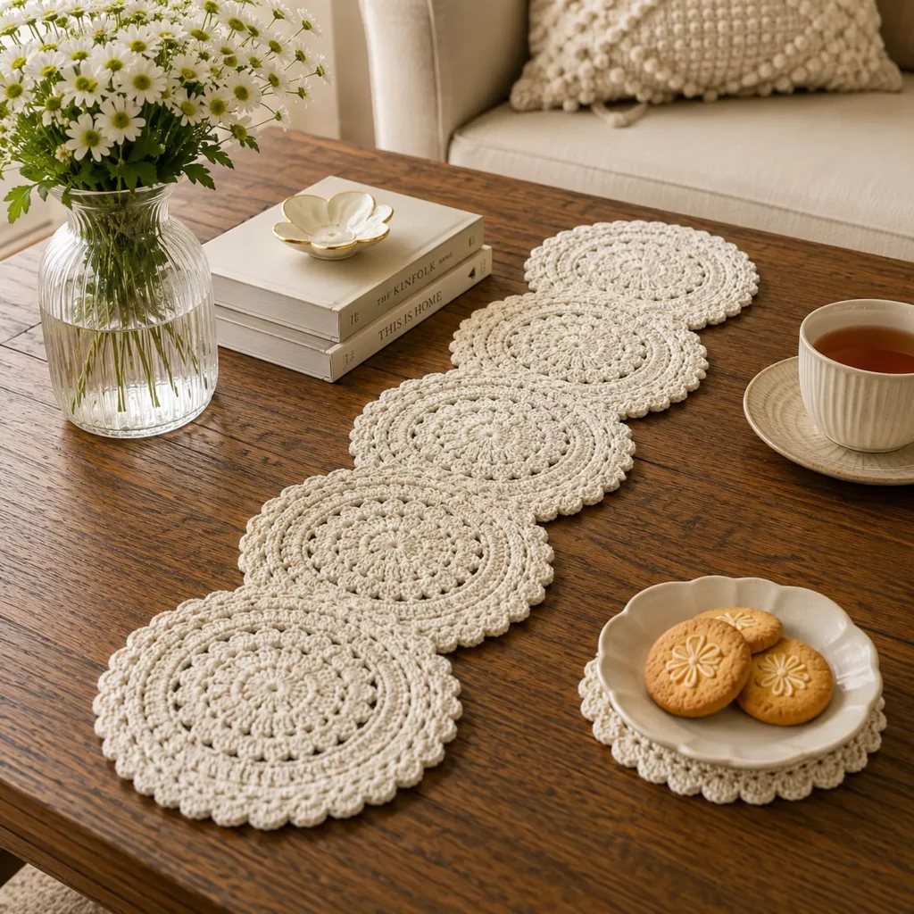 Elegant Round Medallion Table Runner Crochet Pattern: Connected Doily Circles With Scalloped Edge (photo 1)