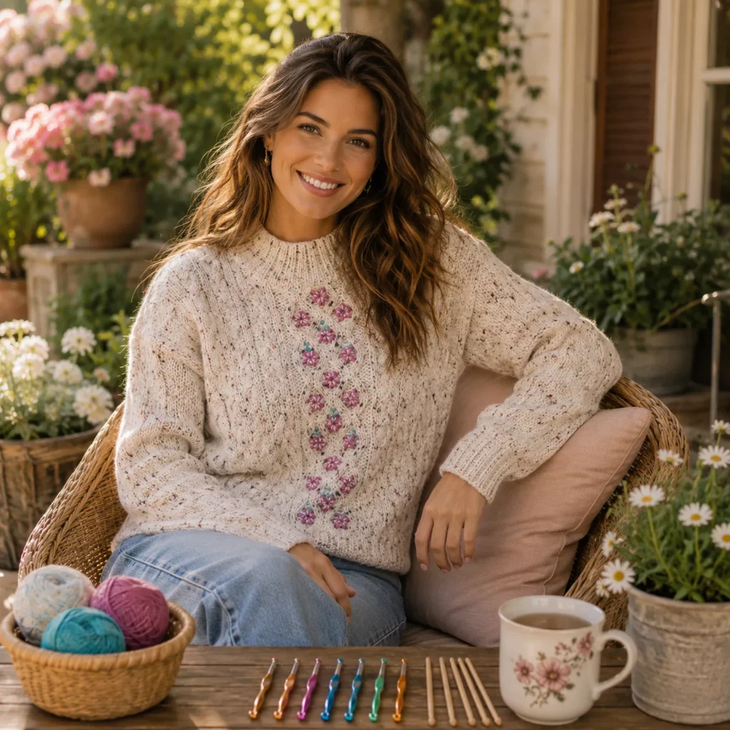Floral Cable Crochet Sweater Pattern: A Cozy Textured Pullover with Embroidered Flower Details (photo 2)