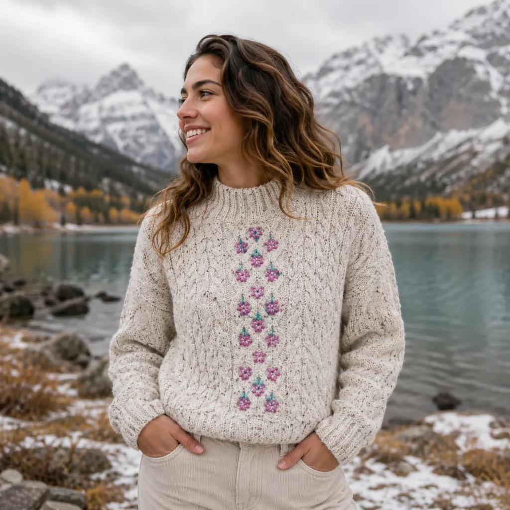 Floral Cable Crochet Sweater Pattern: A Cozy Textured Pullover with Embroidered Flower Details (photo 1)
