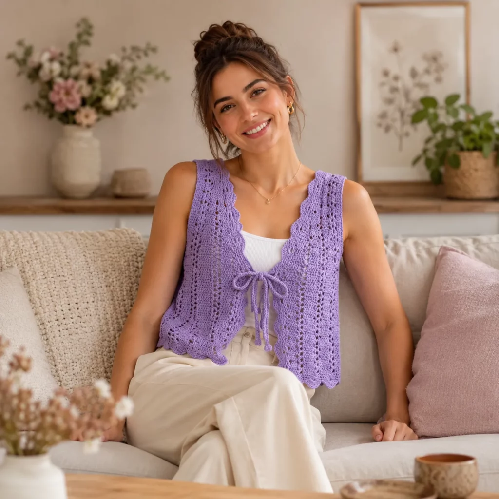 Lacy Tie-Front Crochet Vest Pattern: A Sweet Beginner-Friendly Sleeveless Cardigan With Scalloped Hem (photo 1)