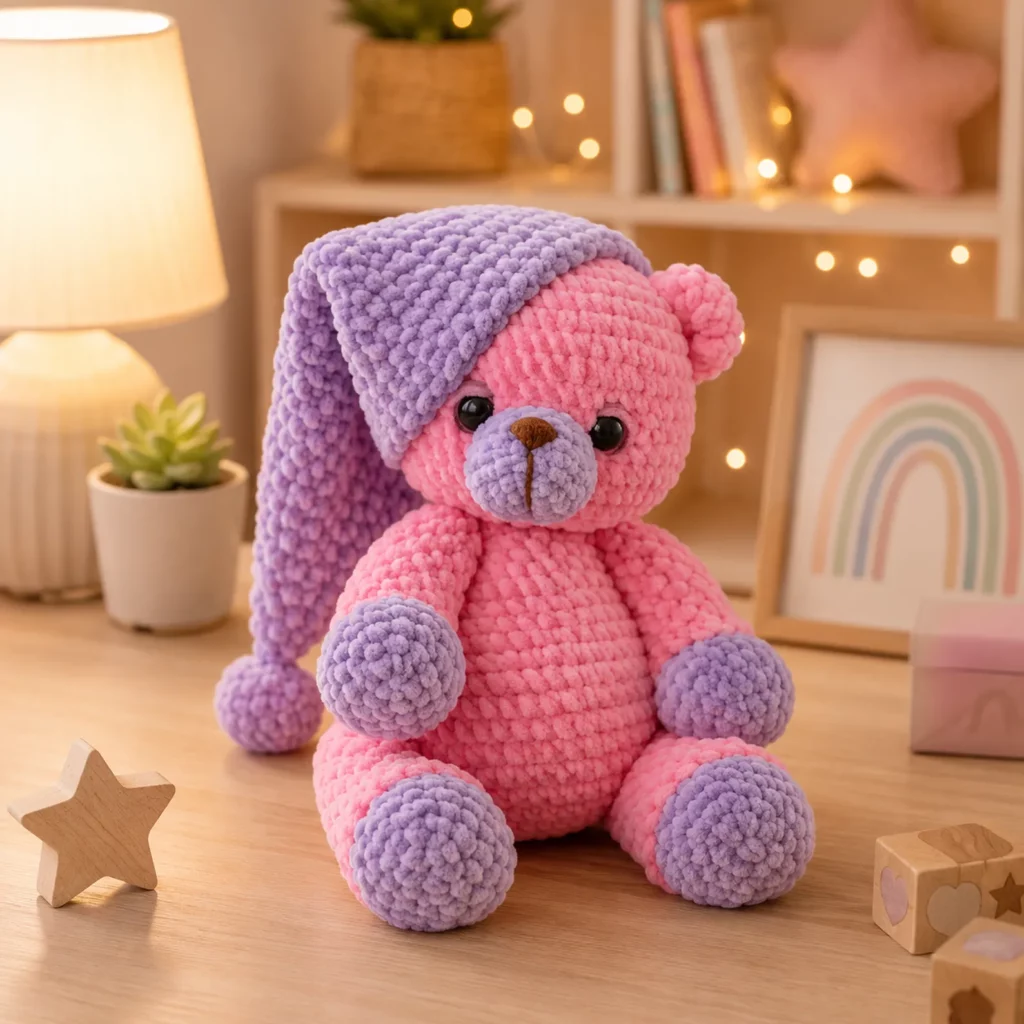 Sleepy Teddy Bear Amigurumi Crochet Pattern: Plush Bedtime Bear With Nightcap, Pajamas, and Color-Block Details (photo 1)