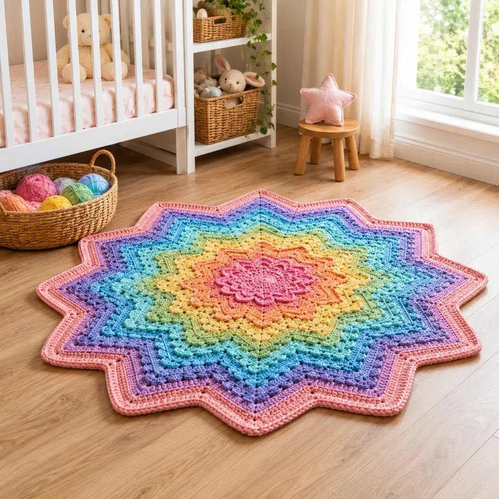 Starburst Baby Play Mat Crochet Pattern: A Stunning 12-Point Floor Blanket With Puff Texture and Wavy Scallop Edges (photo 1)