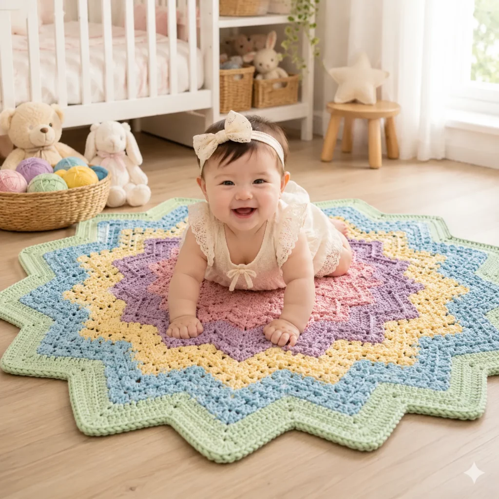 Starburst Baby Play Mat Crochet Pattern: A Stunning 12-Point Floor Blanket With Puff Texture and Wavy Scallop Edges (photo 3)