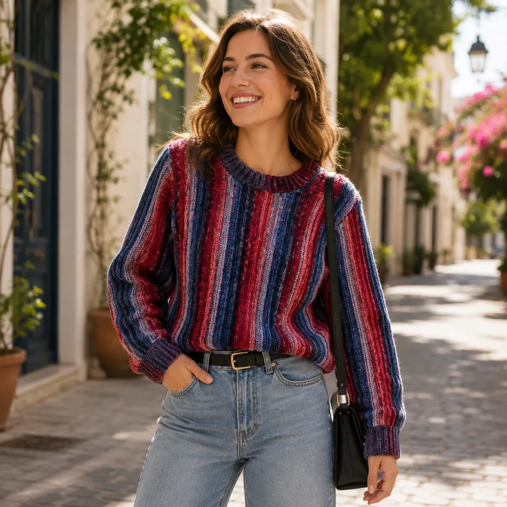 Vibrant Crochet Pattern for a Women’s Multicolor Ribbed Sweater (photo 1)