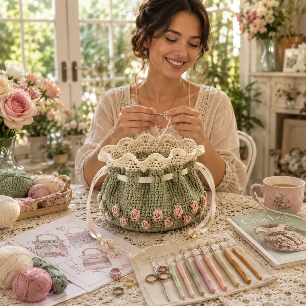Vintage Rose Drawstring Pouch Crochet Pattern: A Sweet Crochet Bag With Lace Ruffle Top and Ribbon Tie (photo 2)