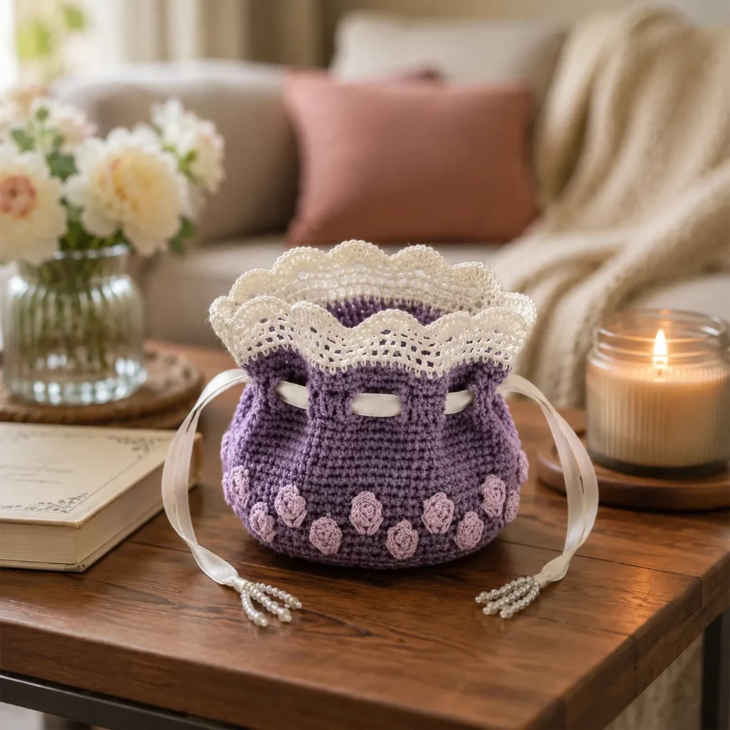 Vintage Rose Drawstring Pouch Crochet Pattern: A Sweet Crochet Bag With Lace Ruffle Top and Ribbon Tie (photo 1)