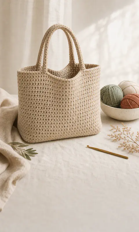 A structured handmade crochet tote bag with yarn and a brass hook nearby.