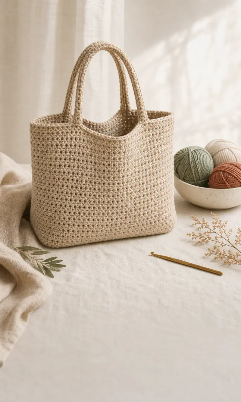 A structured handmade crochet tote bag with yarn and a brass hook nearby.