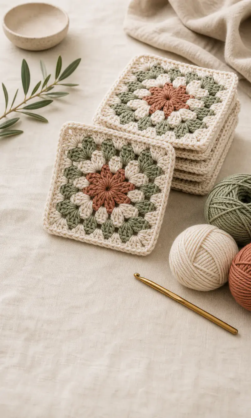 Stacked crochet granny squares with a classic floral square motif and yarn nearby.