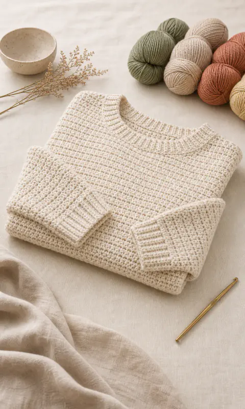 A handmade crochet pullover sweater folded to show the neckline, sleeves, and cuffs.