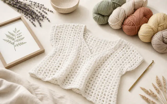 A refined crochet library still life with yarn, swatches, hooks, and calm handmade texture.
