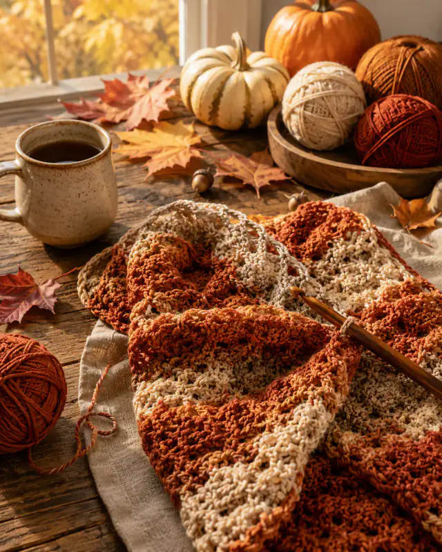 A real-life fall crochet scene with warm autumn color and handmade stitch texture.