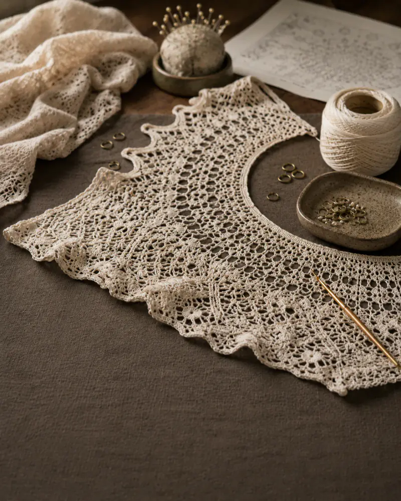 A real-life advanced crochet setup with intricate stitch texture, fine yarn, and expert-level tools.