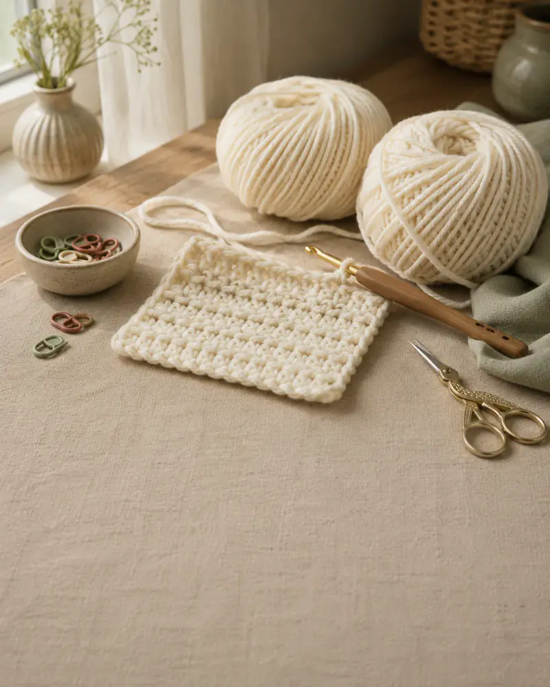 A real-life beginner crochet setup with simple stitches, yarn, and tools arranged in natural light.