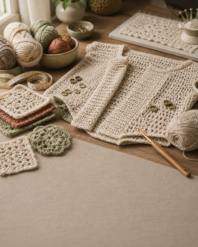 A real-life intermediate crochet setup with shaped pieces, yarn, and tools arranged for a growing maker.